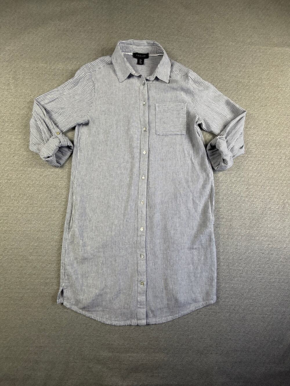 Tahari Sz S Long Sleeve T Shirt Dress Linen Blend Navy & White Stripe Coastal